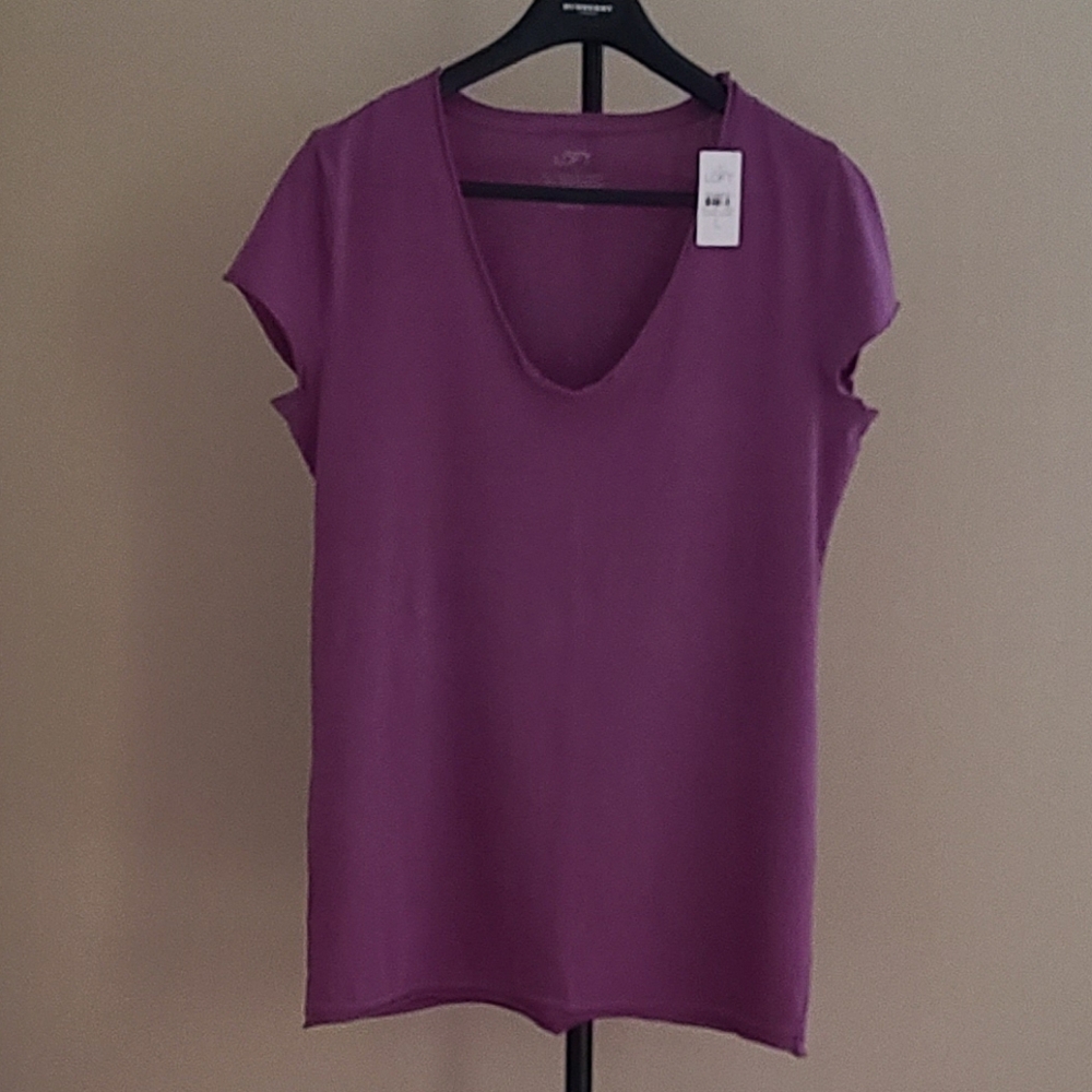 Loft Womens Cotton Raw Hem Vibrant Purple V-Neck Tee Short Sleeve Size Large